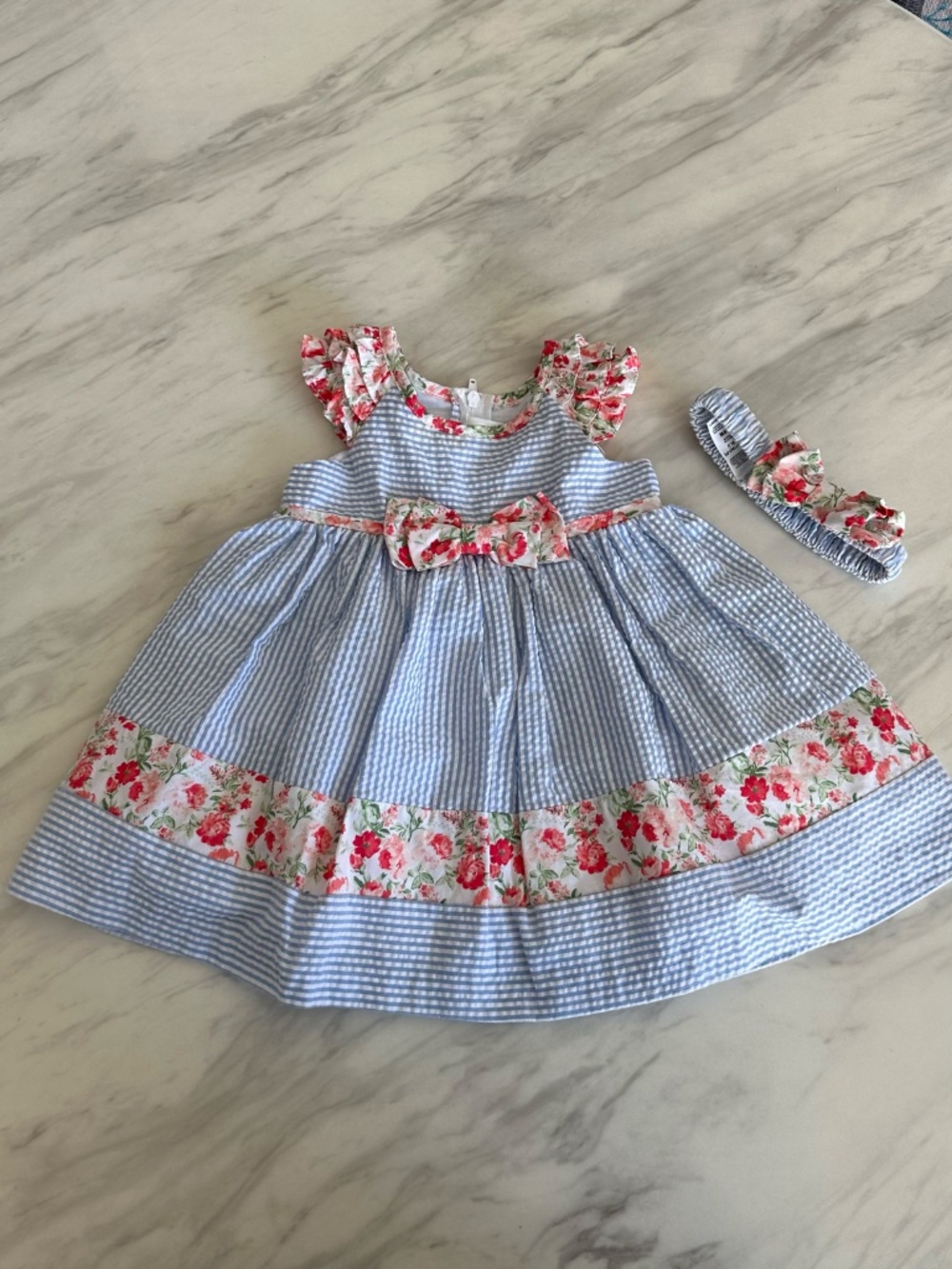 Iris & Ivy Blue Seersucker Red Floral Dress Headband & Bloomers Set 6-9M - Picture 4 of 13